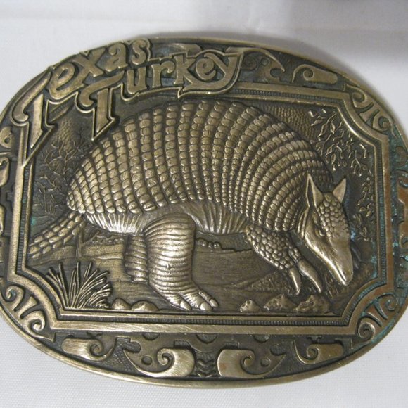 Rare  Brass Belt Buckle Texas Turkey Armadillo Vtg - Picture 1 of 5